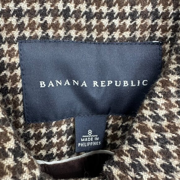 Banana Republic Houndstooth Blazer Jacket 8 Linen Wool Button Down Brown Tan - Picture 3 of 7